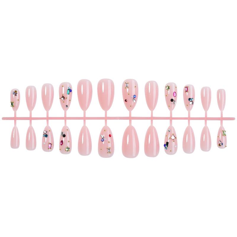 

Pink Rose Diamond Leaf Almond Nails - European American Sweet Cool Color Block Hand-Painted Manicure Set