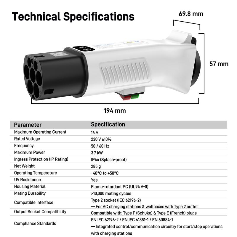 RamTouch Type 2 to Schuko Adapter for Charging Stations & Wallboxes (230V, 16A, 3.7kW) | Type 2 Male Plug to Schuko Mains Socket