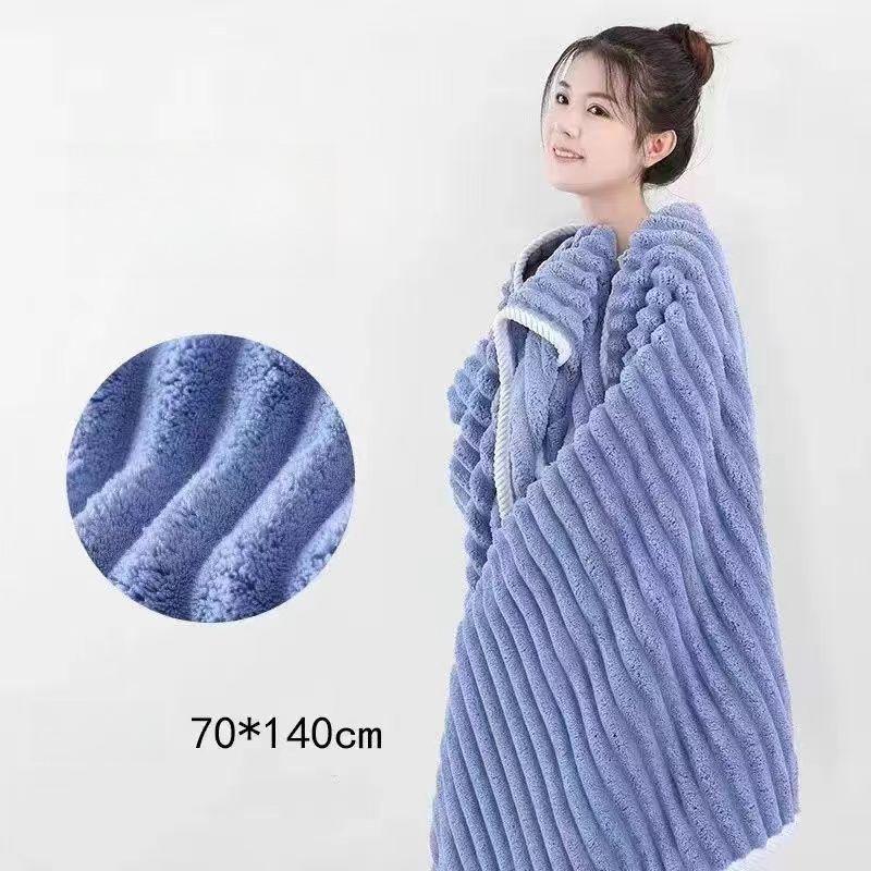 

Банное полотенце из кораллового флиса 70 X 140 см, банное полотенце для женщин с полосатым узором, быстросохнущее утолщенное банное полотенце синий