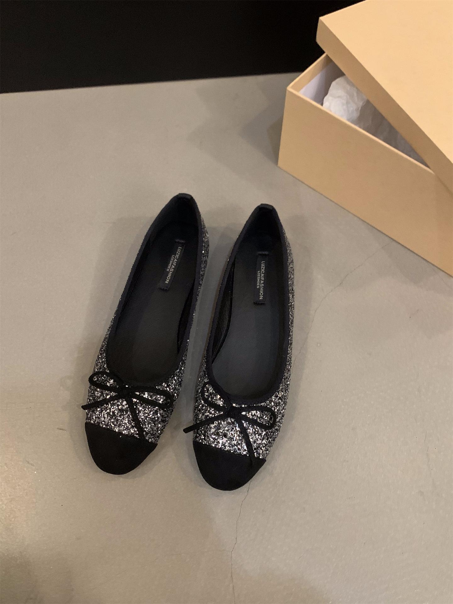 

Французские туфли на плоской подошве с серебряными блестками, женские туфли 2025 года, новые весенние и осенне-зимние нежные вечерние туфли, балетки 40 чёрный