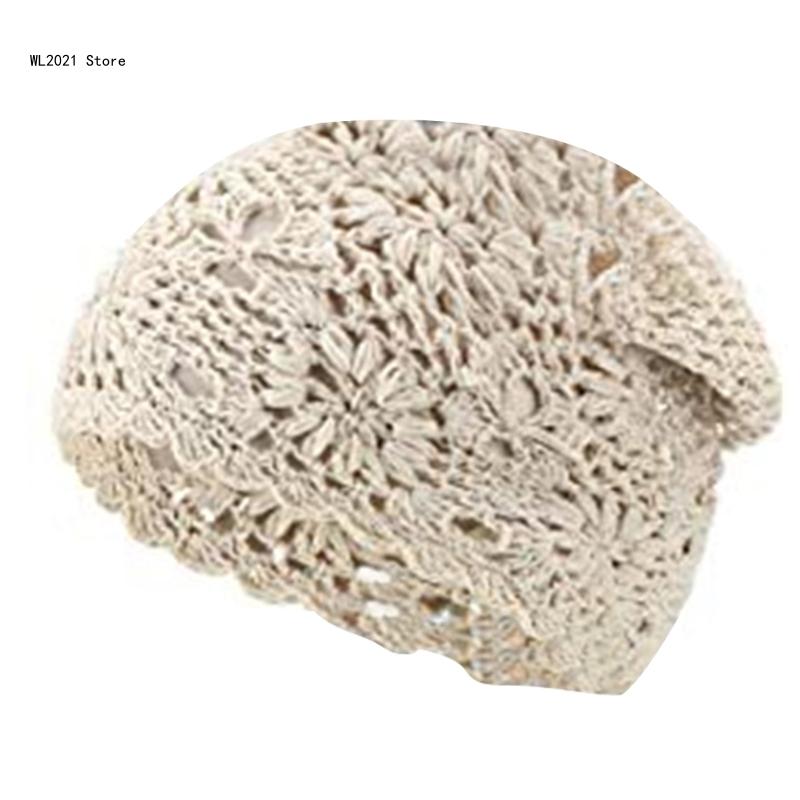 

Вязаная крючком шапка-бини для женщин-подростков, свободная, модный аксессуар, мягкая, легкая, с вырезом, с цветочным узором, хлопковая вязаная шапка-бини