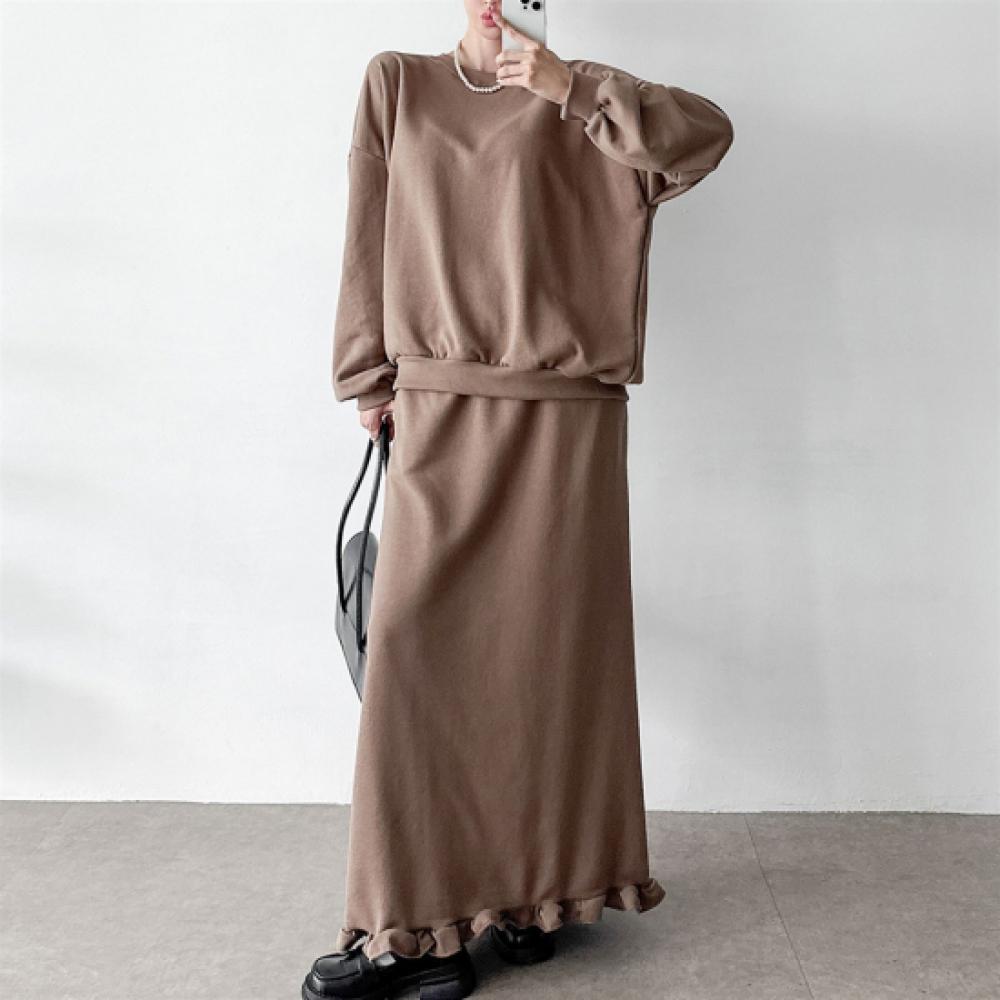New Arrivals Open Run Women Oversize Autumn Sweatshirt Frill Long Skirt Set