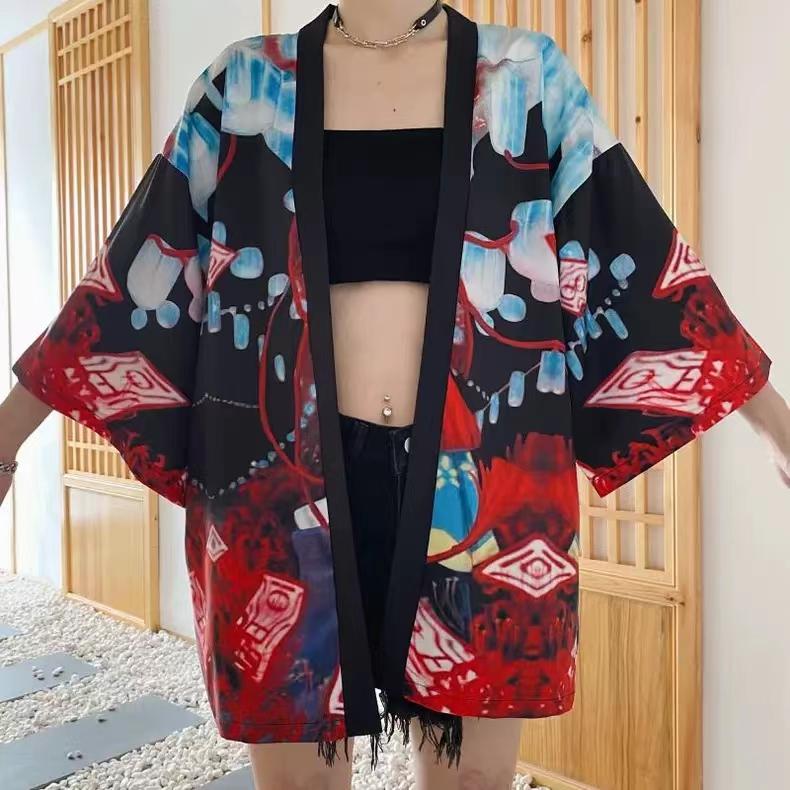 

Новый японский кимоно Harajuku с цифровой печатью, пончо, пижамный кардиган XXS чёрный
