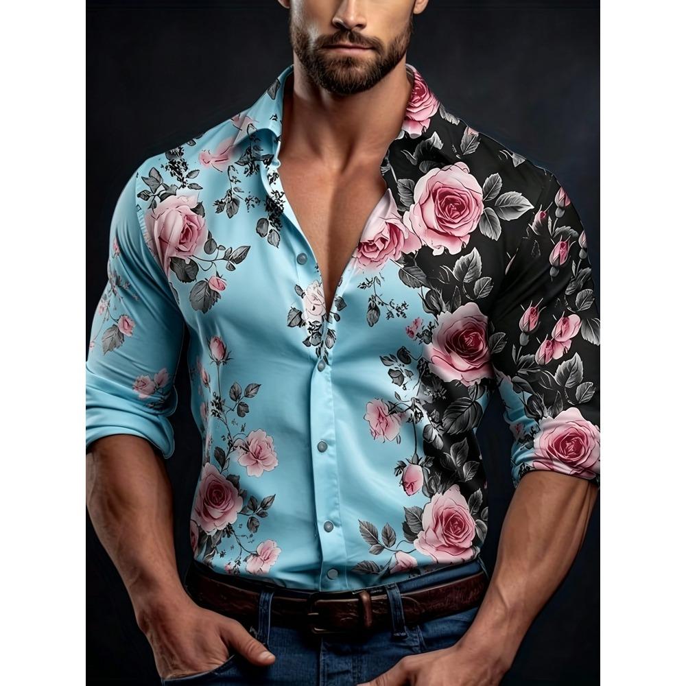 Men's Contrasting Rose Print Long Sleeved Shirt with Slim Fit Collar Shirt for Vacation Parties and Street Fashion Tops
