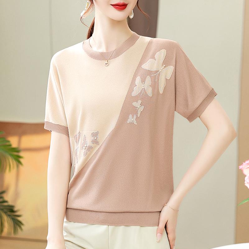 Summer Women's Knit Short-Sleeved Base Layer Top - Stylish for Young Moms & Middle-Aged Women