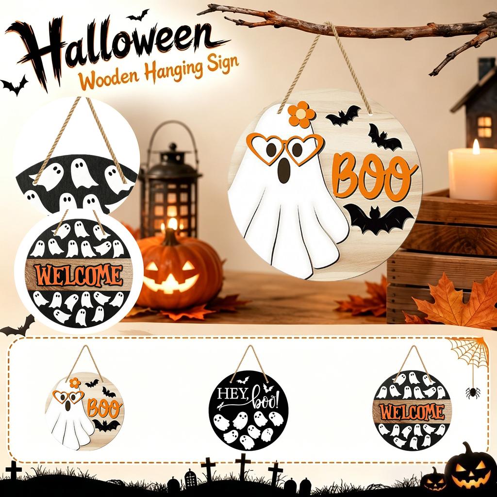 Halloween Wooden Hanging Sign Ghost and Bat Design Round Door Decor with Rope for Seasonal Holiday Decoration Indoor Outdoor Use