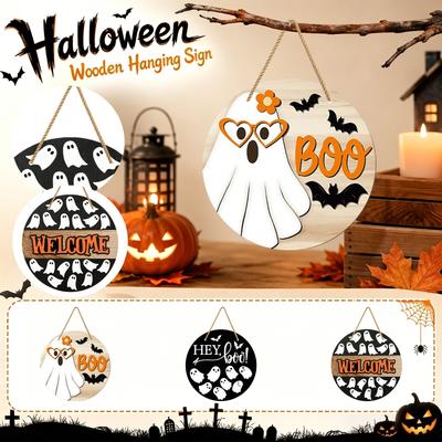 Halloween Wooden Hanging Sign Ghost and Bat Design Round Door Decor with Rope for Seasonal Holiday Decoration Indoor Outdoor Use