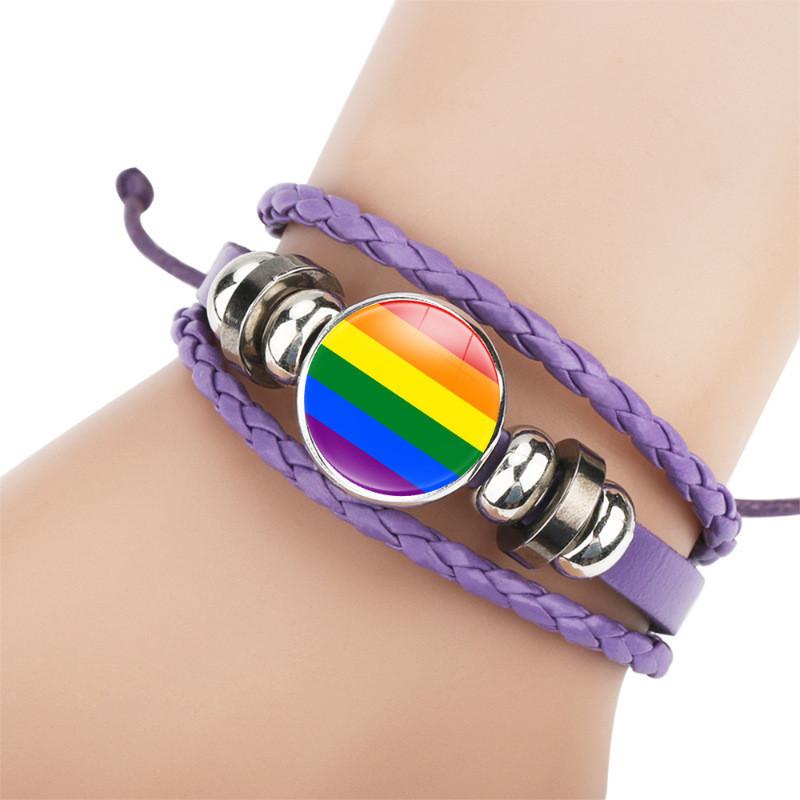 And Colorful Distinctive Rainbow Flag Time Gemstone Purple Leather Bracelet