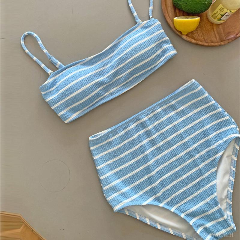 Women's Striped Double Strap High Waist Bikini - Perfect for Beach Vacations