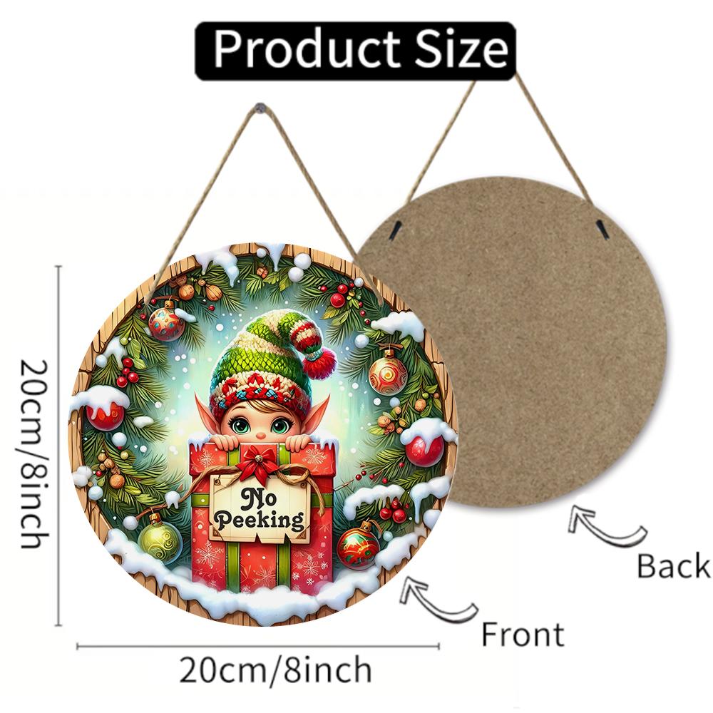 Christmas elf no peeking design Round Wooden Hanging Plaque festive pine wreath wall sign farmhouse indoor outdoor holiday party decor