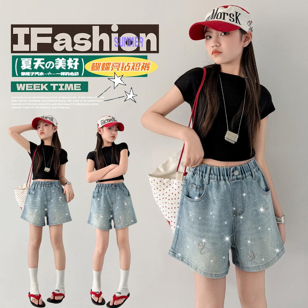 Girls' Summer Hot Diamond Denim Shorts 2026 New Korean Sweet Cool Butterfly Hot Pants Girls' Trendy Summer Pants