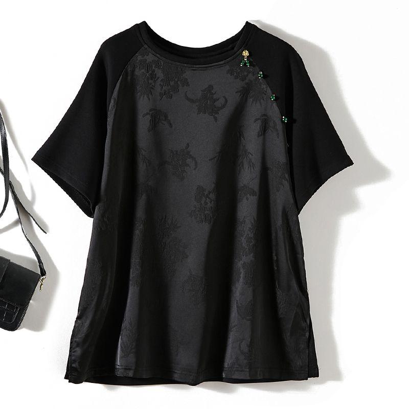 

of Export Orders! Chinese Style round Neck False Two Pieces Pendant Short Sleeve Double-Sided Fabric Patchwork Small Split T-shirt Female Summer Black L