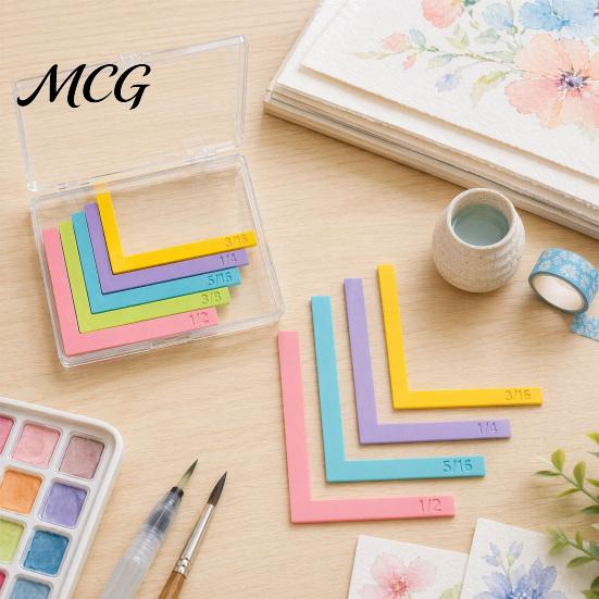 Framing Spacer Ruler Set Paper Crafting Alignment Guides with Storage Case, 5 Pcs Color-Coded L-Shaped Engraved Size Markings Spacers Tabs for