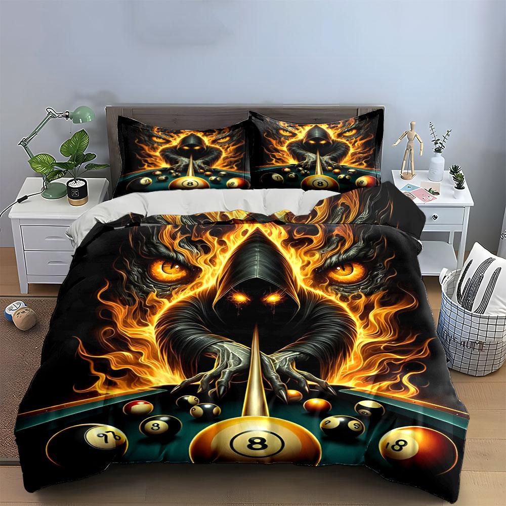 Fiery hooded figure, billiard balls. Bedding sets Duvet cover sets Duvet covers Pillowcases(1 * Duvet Cover 2 * Pillowcases without duvet insert)