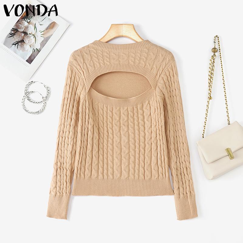 

VONDA Women Casual Long Sleeve Round Neck Cutout Fitted Tops Knitwear Sweaters L хаки