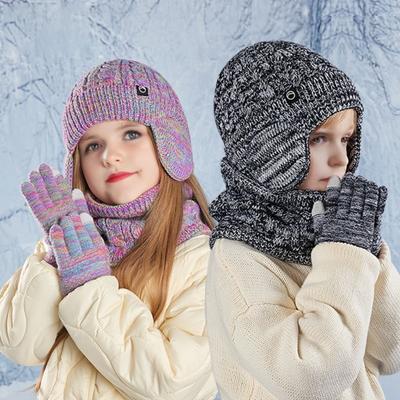 3Pcs/Set Kids Hat Scarf Gloves Set Solid Color Twist Texture Fleece Lining Earflap Hat Touchscreen Gloves Neck Warmer Set Cold Weather Accessories