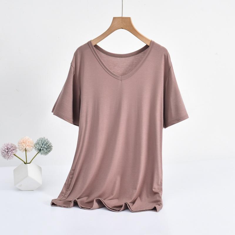 Modal V-Neck Tshirt Summer Women's Thin T-shirts Half Sleeves Solid Color Plus Size Loose Casual Tee Tops