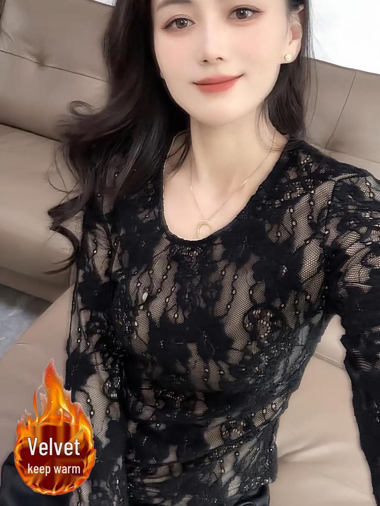 2025 Chic Black Versatile High-End Lace Fleece Long-Sleeved Top