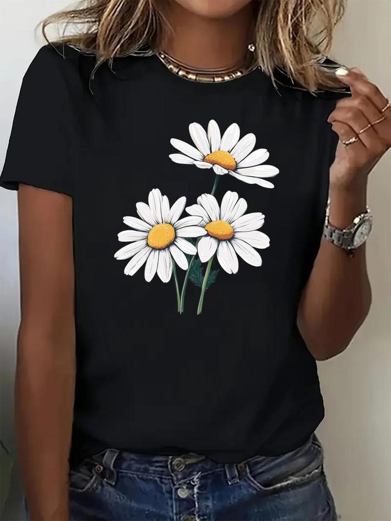 Women'S Lightweight Graphic Daisy Print T-Shirt - Casual Short Sleeve Crew Neck Top White with Blue and Green Illustration