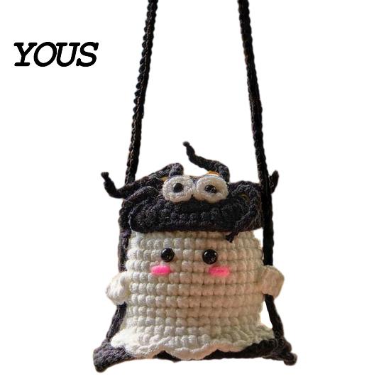 Handmade Aesthetic Car Decor Cute Crochet Ghost Ornaments, Mini Knitted Doll, Hanging Accessory Decorative Rearview Mirror for Auto Interior