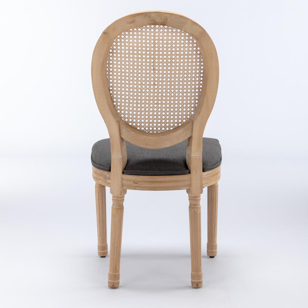 French Style Solid Wood Frame Antique Painting Linen Fabric Rattan Back Dining Chair, Set of 2,Gray ,DE1843DG