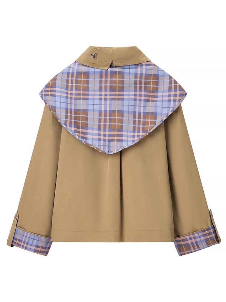 Chegada Nova Jaqueta Feminina Retrô Patchwork Xadrez Reversível Bordada Gola Naval