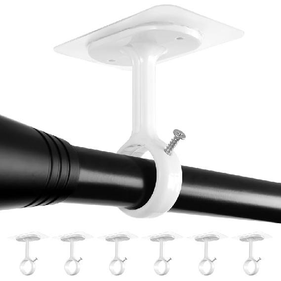 6-Pack No Drill Ceiling Curtain Rod Brackets, Heavy Duty Sticky No Nails Curtain Rod Hangers, Adhesive Mount Curtain Rod Holders Hooks Support 0.8 to 6