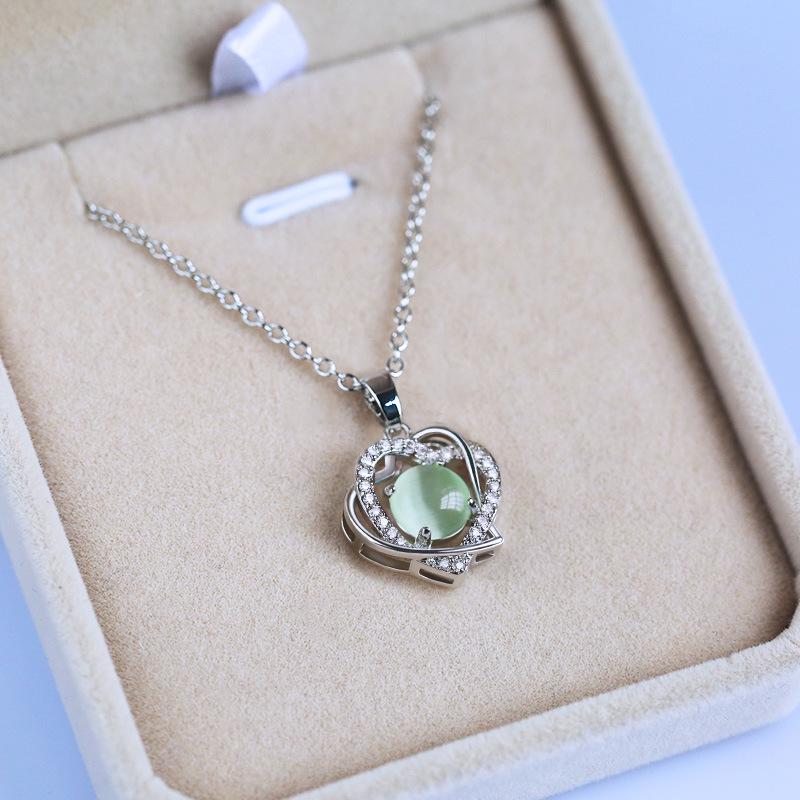 Silver Plated Cat's Eye Stone Double Heart Pendant Necklace, Sparkling CZ Halo Cable Chain Necklace for Women