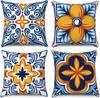 4Pcs Blue Orange Floral Tile Pattern Printed Pillow Cover Polyester Cushion Case 2D Flat Printing Pillowcase Retro Euro Style