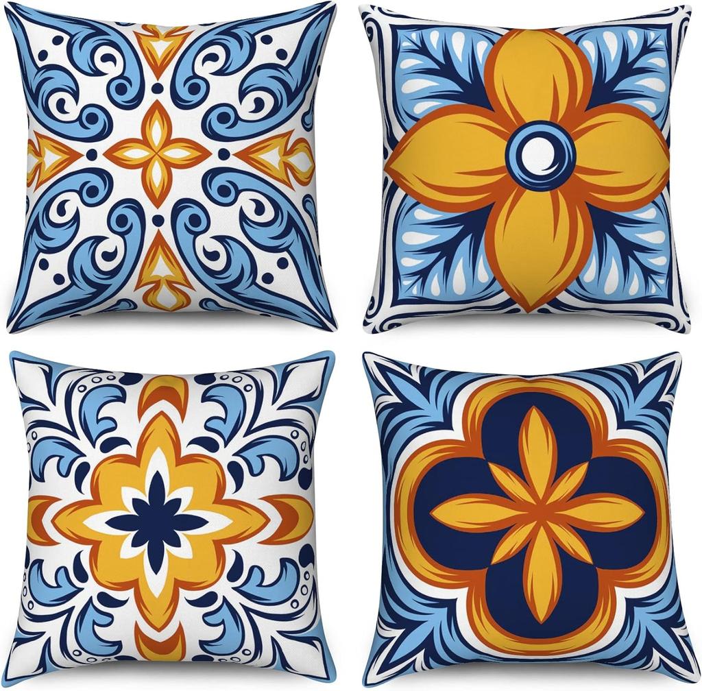 4Pcs Blue Orange Floral Tile Pattern Printed Pillow Cover Polyester Cushion Case 2D Flat Printing Pillowcase Retro Euro Style