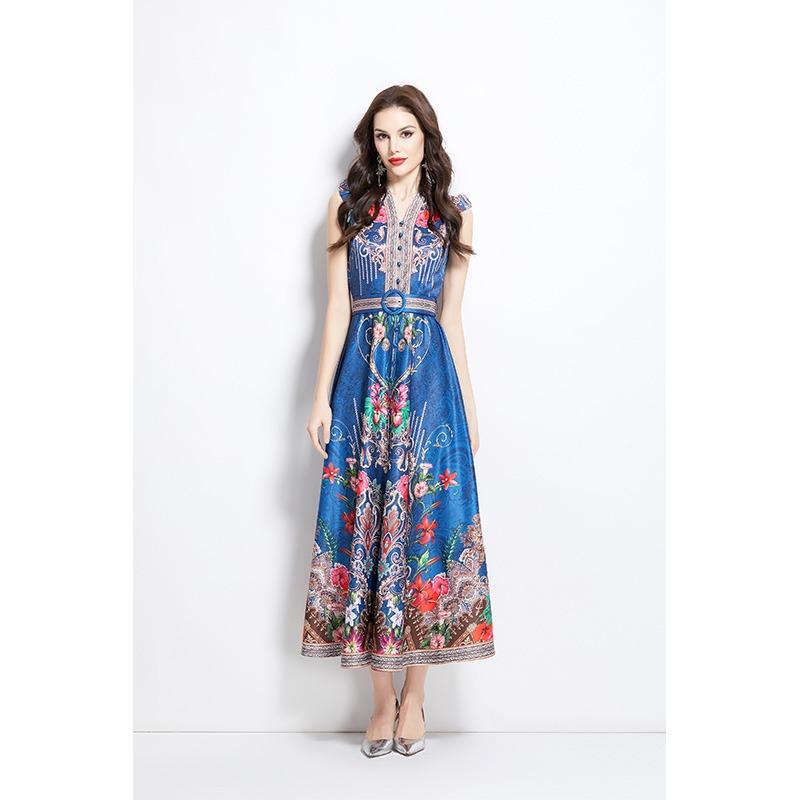 Summer Women Vintage Palace Print Designer Runway Dress V-neck Single Breasted Long Maxi Holiday Beach Boho Dresses with Belt
