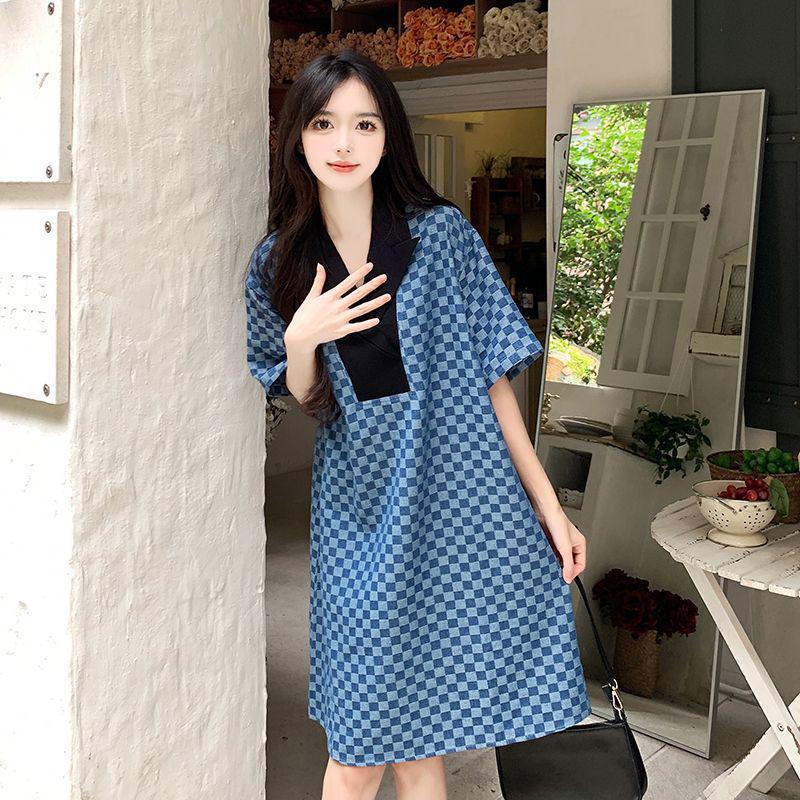 

2025 Elegant Summer Plus Size Checkerboard Suit Collar Patchwork Dress XXL