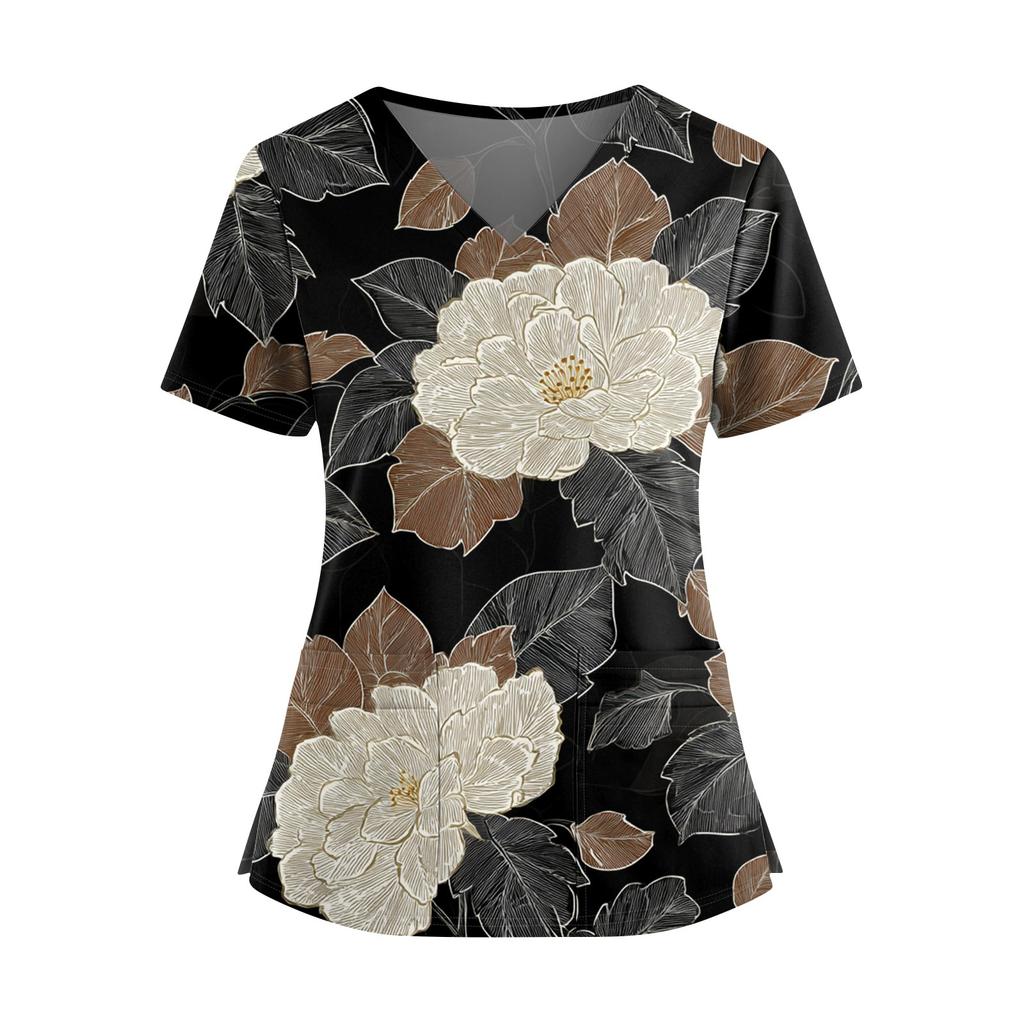 Ladies' Fashionable Floral Print V-neck Double Pocket Short Sleeved Shirt With Slit Hem And Protective Worker's Top