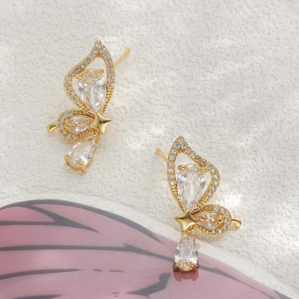 Fairy-like Gold Dangle Earrings with Copper Butterfly and Zircon Water Drop