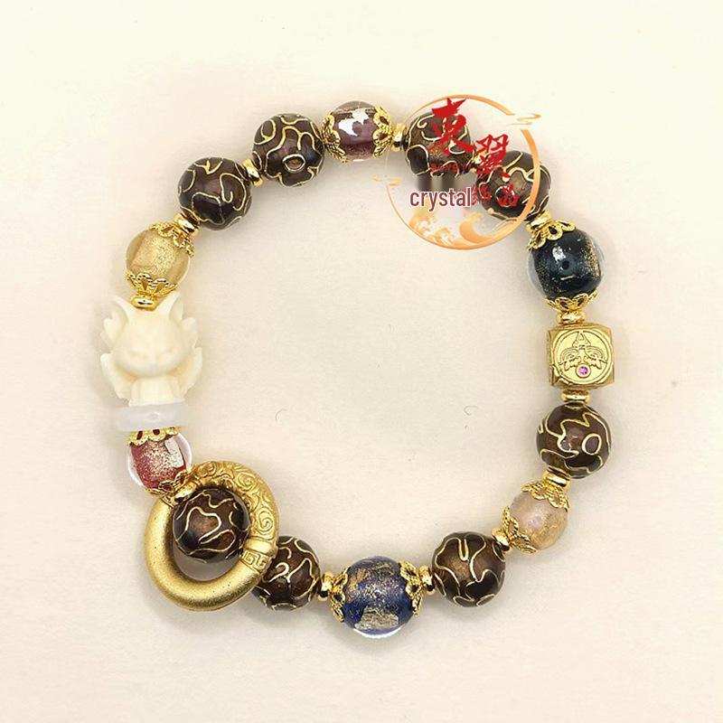 Pink Cloisonné Nine-tailed Fox Bracelet with Gold Leaf and Enamel Beads