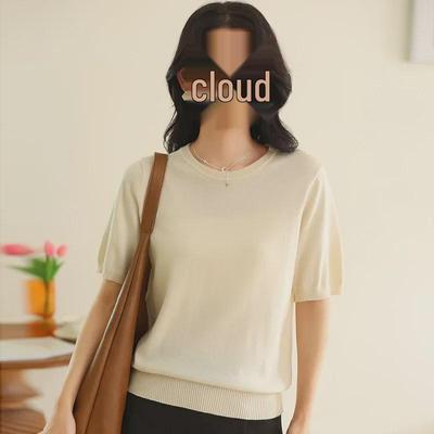 Spring Cotton Knit Short Sleeve Outerwear - Round Neck Loose Fit Solid Color Top