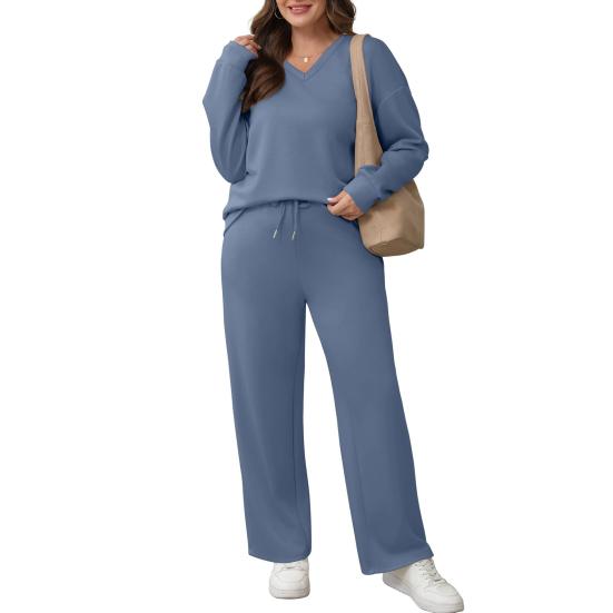 Tenues deux pièces pour femmes Décontractées Automne Tenues d'intérieur Sweatshirts Manches longues Col en V Pantalons larges Ensembles assortis