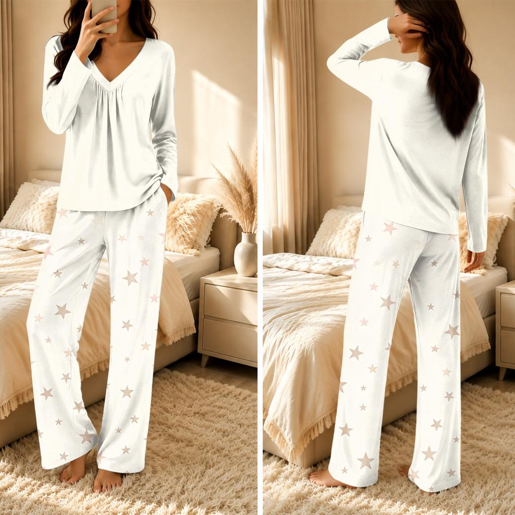 Women's V-Neck Loose Fit Printed Pajama Set Two Piece Sleepwear for Casual