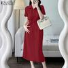 ZANZEA Women Casual Turn Down Collar Summer Short Sleeve Plain Dress