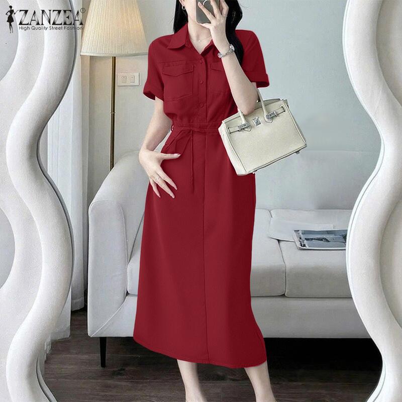 ZANZEA Women Casual Turn Down Collar Summer Short Sleeve Plain Dress