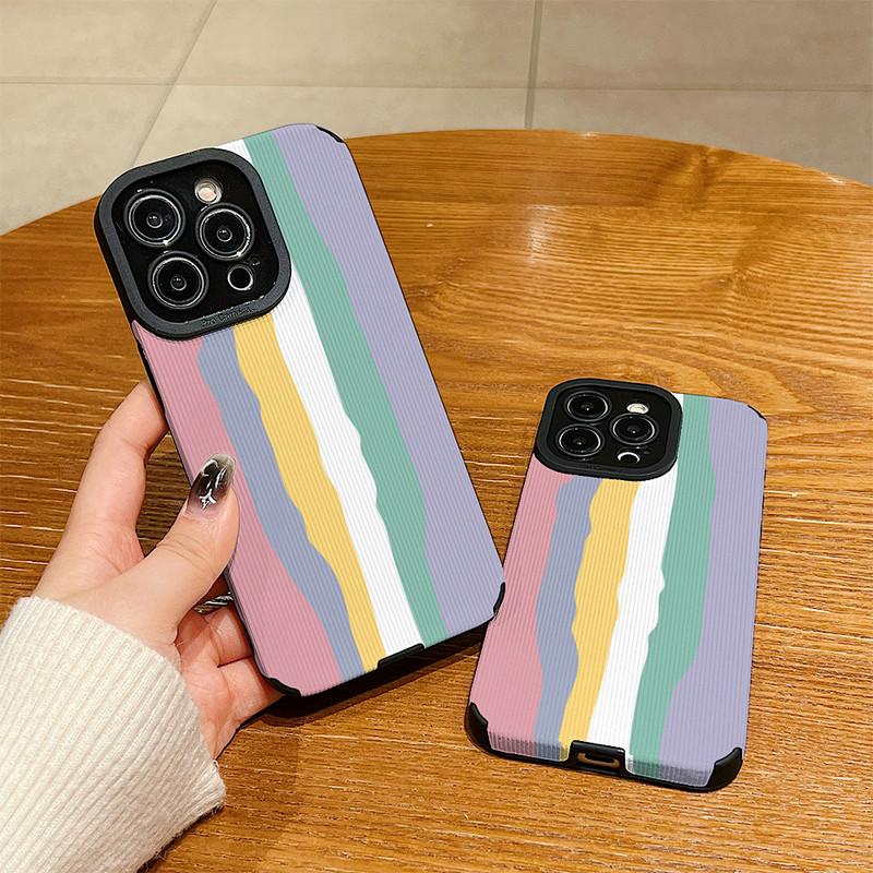 Vertical Leather Shell Rainbow Printed Patterned Shockproof Soft Silicone Case with Camera Lens Full Protection for iPhone Samsung