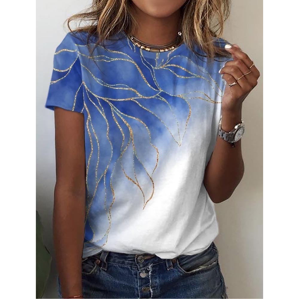 Letni damski top z krótkim rękawem z nadrukiem 3D w kwiatowy wzór z gradientem, modny T-shirt z dekoltem O, kwiatowa tekstura