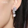 ZAKOL Fashion Rose Gold Color Pearls Drop Earings For Women Exquisite Zircon Leaf Female Wedding Jewelry
