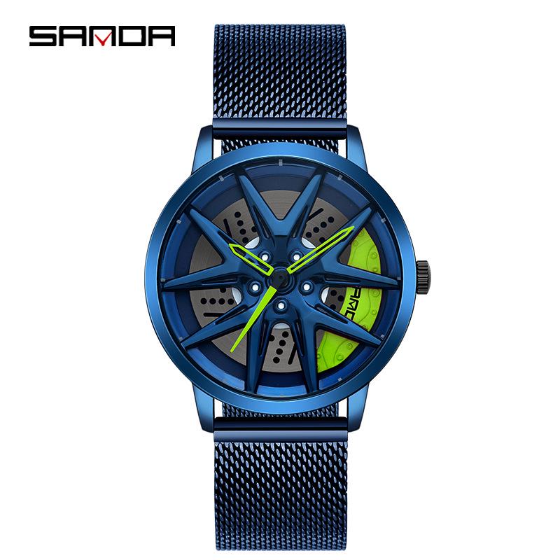 Sanda Men's Fashion Quartz Watch, Mesh Strap, Waterproof, Outdoor Casual, Hollow Wheel Dial.