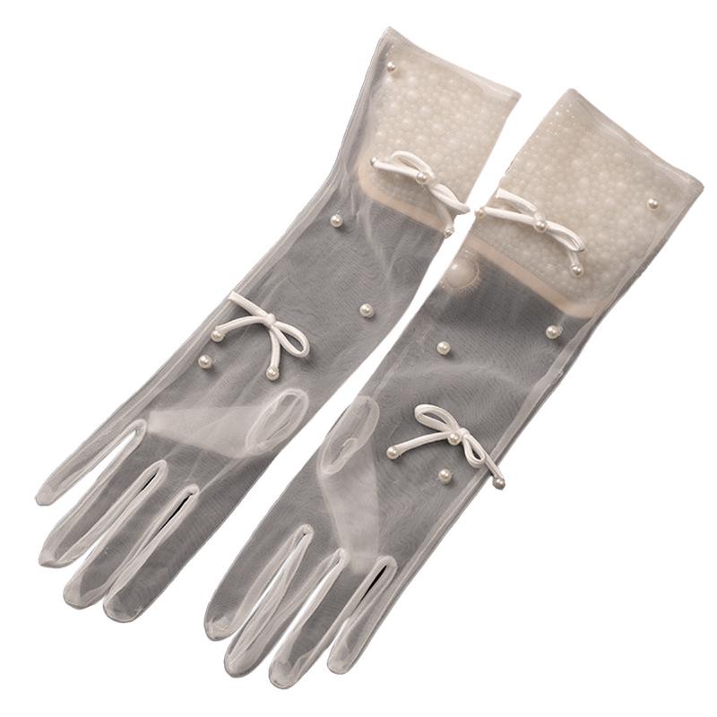 Pearl Bow Lace Wedding Gloves - Mid-Length, White Mesh, Photography Accessory
