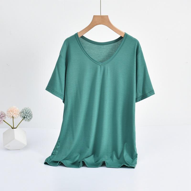 Modal V-Neck Tshirt Summer Women's Thin T-shirts Half Sleeves Solid Color Plus Size Loose Casual Tee Tops
