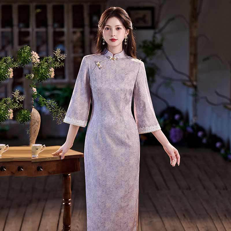 Purple National Style New Chinese Autumn Long-sleeved Cheongsam Improved Young Women's High-end Sense Retro Slim Waist Spring and Autumn