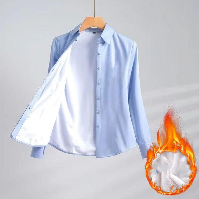 Women's Autumn Winter Slim Fit Long Sleeve Fleece Lined Shirt Business Casual Plus Size Shirt