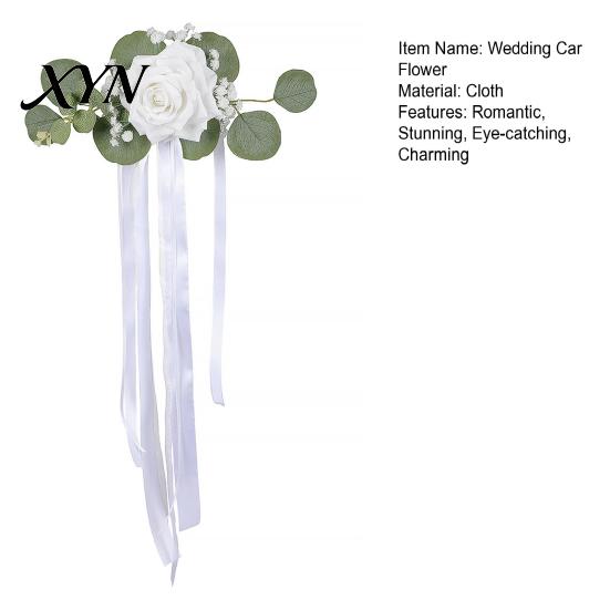 Fleurs Élégantes pour Poignée de Voiture Fleur de Porte de Mariage avec Lien Ruban et Feuilles Vertes, Kit Artificiel Blanc Abordable Rose Bouquet Rétroviseur