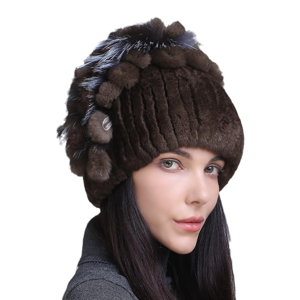 Winter Women's Warm Fashion Thick Wool Hat Rex Rabbit Fur Hat Knitted with Side Flower Hat